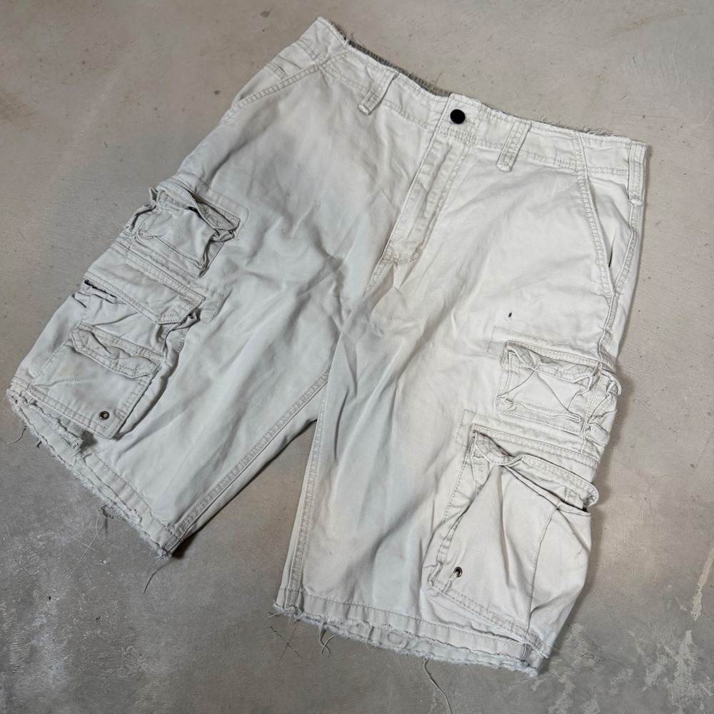 PLugg Mens Y2K Khaki Cotton Twill Multi Pocket Cargo Shorts Tan Size 34